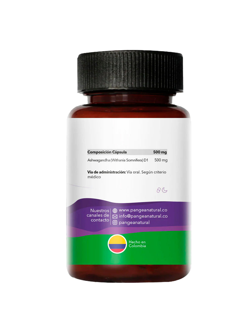 Frasco de Ashwagandha Pangea, cápsulas de suplemento adaptógeno para el balance y control del estrés.