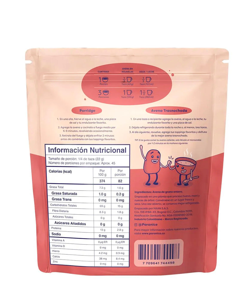 Información nutricional de la avena en hojuelas Paranice libre de contaminación cruzada.