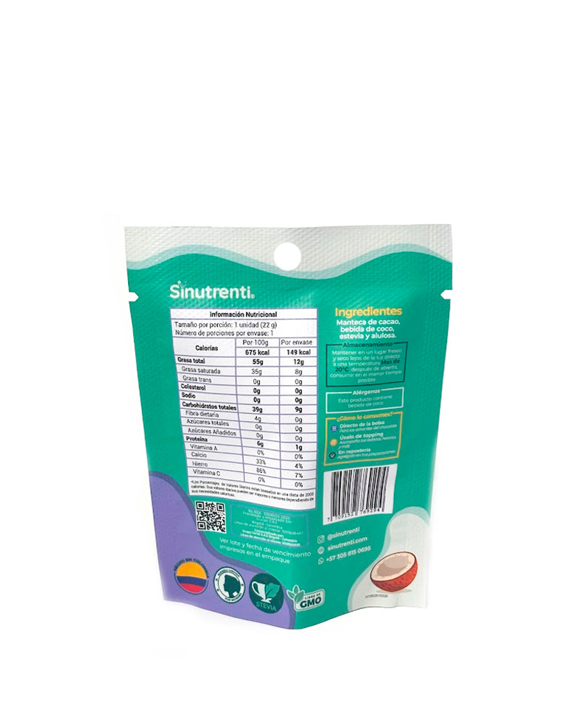 Información nutricional de los chips de chocolate vegano Zero Sinutrenti.
