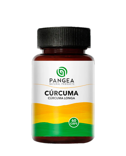 Frasco de Cúrcuma en cápsulas Pangea, suplemento funcional de extracto puro para el bienestar.