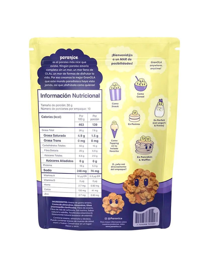 Etiqueta nutricional de la granola Orange Vainilla Paranice.