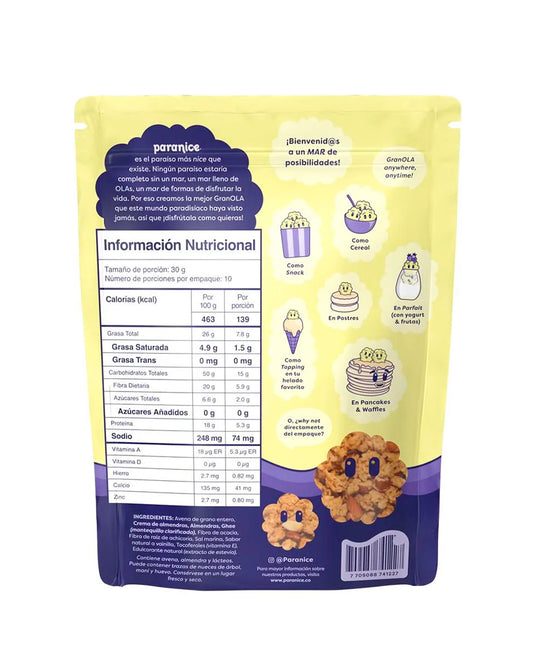 Etiqueta nutricional de la granola Orange Vainilla Paranice.