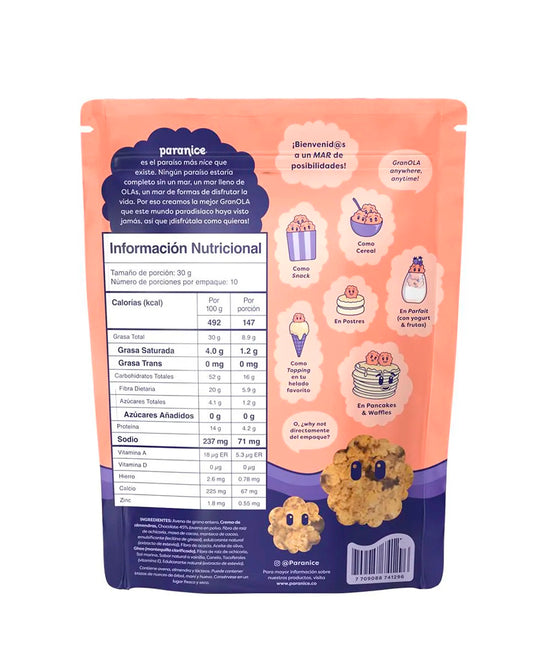 Información nutricional de la granola Chocolate Chip Paranice.