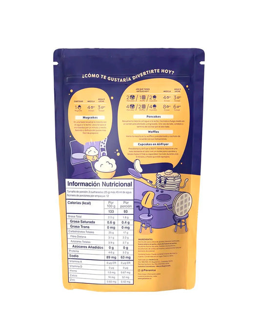 Análisis nutricional de la mezcla para pancakes de banano Paranice.