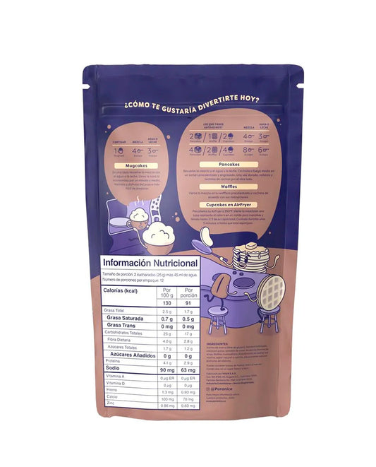 Etiqueta nutricional de la mezcla para brownie Paranice con cacao real.