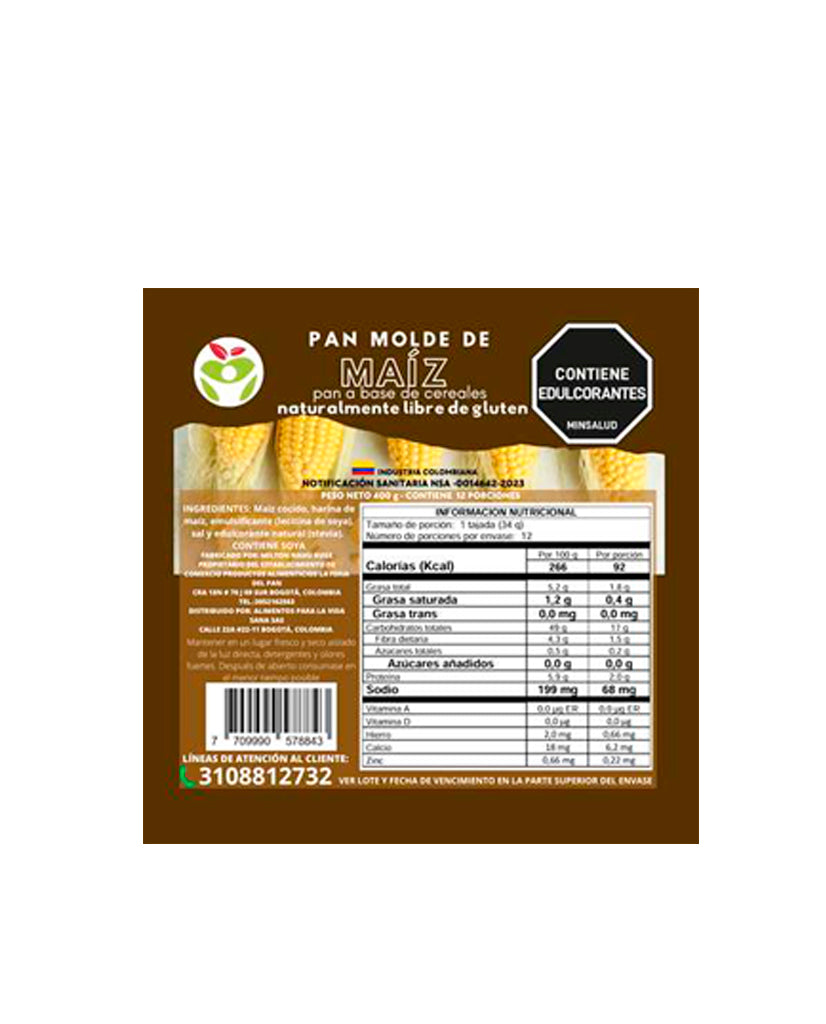 Pan de maíz tajado sin gluten Vida Sana textura esponjosa.