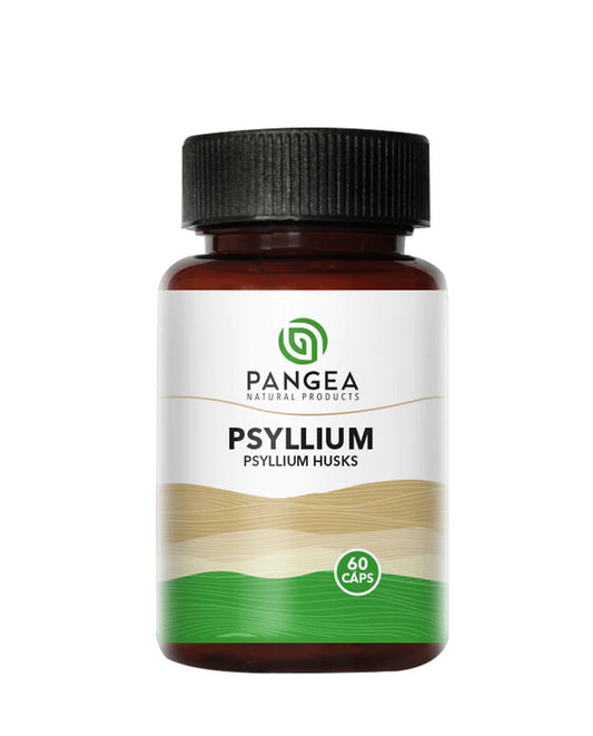 Frasco de Psyllium en cápsulas Pangea, fibra natural de alta pureza para la salud digestiva.