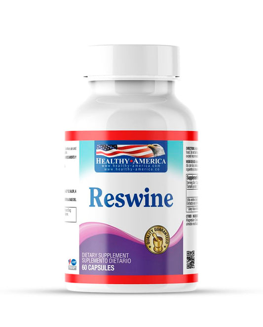 Suplemento Reswine Healthy America de 60 cápsulas antioxidantes.