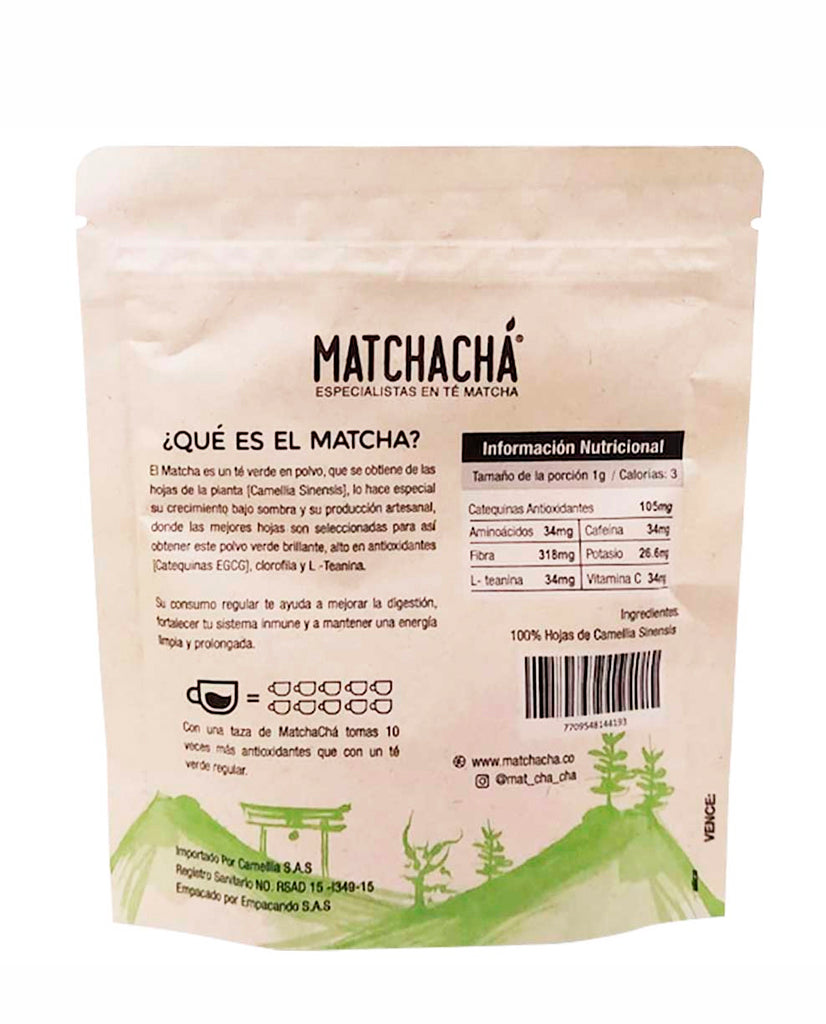 Tabla nutricional del té matcha Matchacha sin azúcar y libre de aditivos.