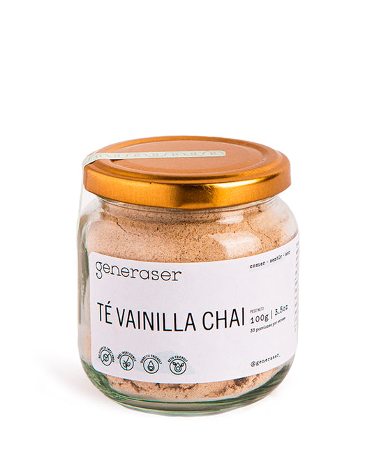 Frasco de Té Vainilla Chai Generaser con aroma a vainilla y especias.