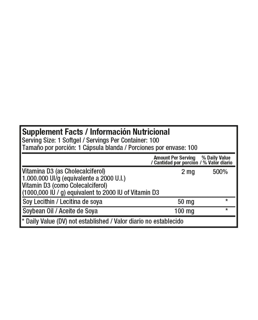 Tabla nutricional y guía de consumo de Vitamin D3 2000 UI.