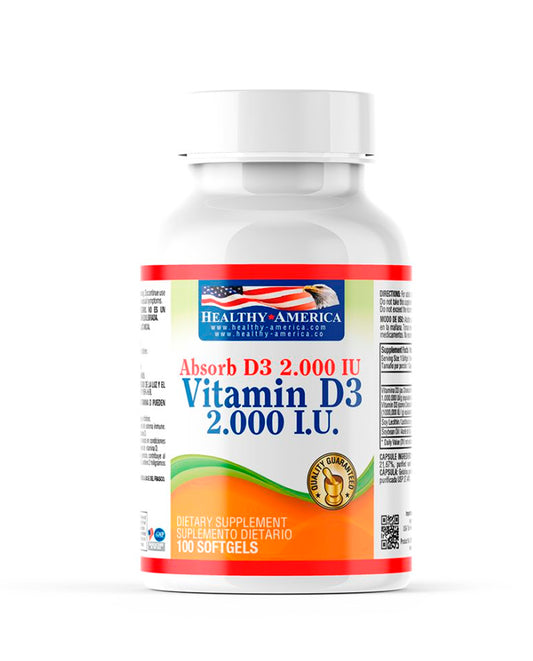 Frasco de Vitamina D3 2000 UI Healthy America para soporte inmune.