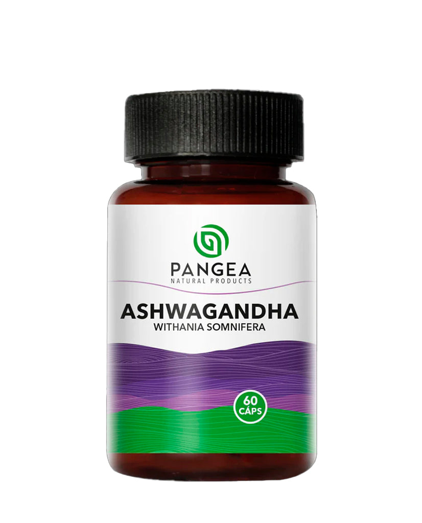 Frasco de Ashwagandha Pangea, cápsulas de suplemento adaptógeno para el balance y control del estrés.