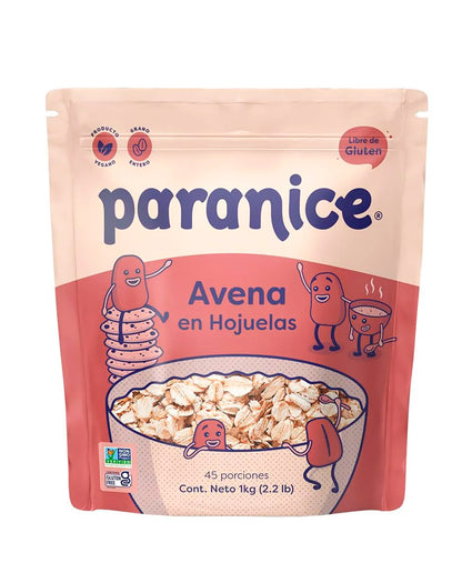 Empaque de avena en hojuelas Paranice certificada sin gluten.