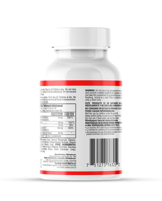 Suplemento vitamínico B-Complex en cápsulas de etiquetas limpias.