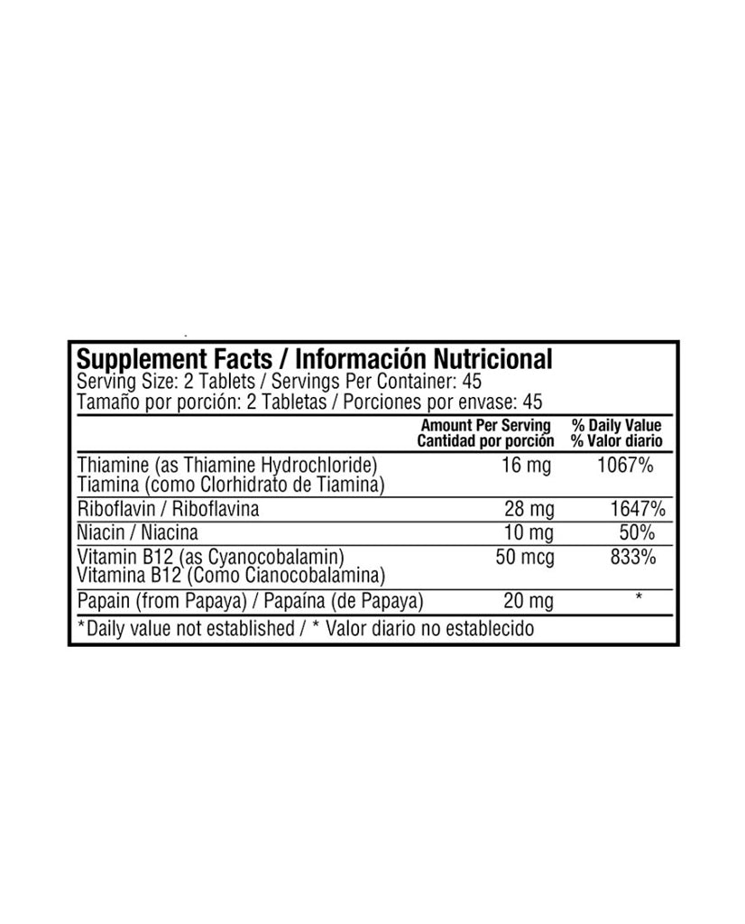 Información nutricional y dosis diaria de B-Complex B12.
