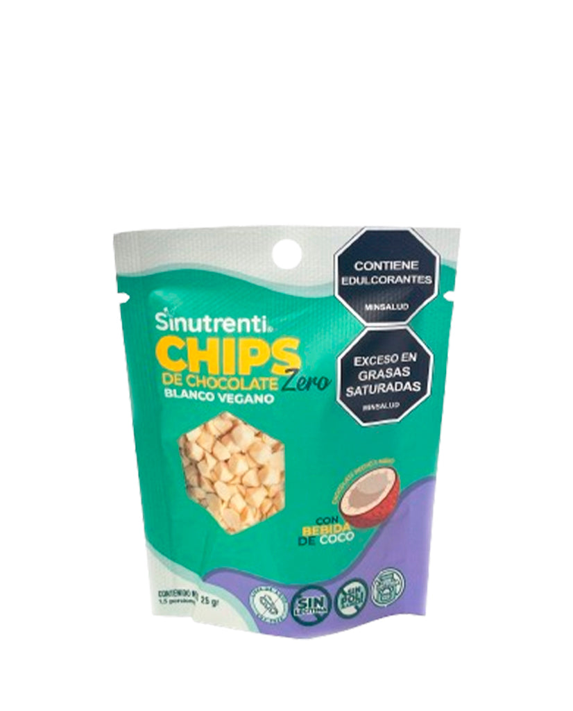 Empaque de chips de chocolate vegano Sinutrenti sin azúcar.