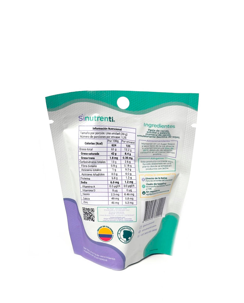Información nutricional de los chips de chocolate clásicos Sinutrenti.