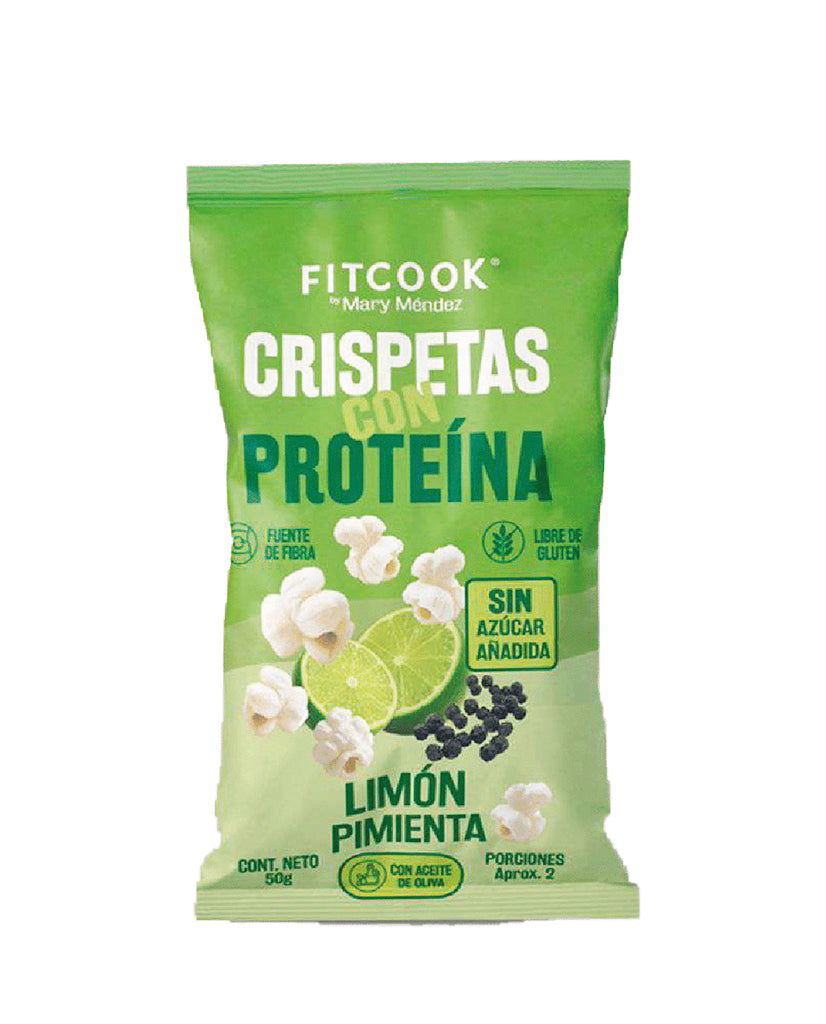 Empaque de Crispetas con Proteína Fitcook sabor Limón Pimienta sobre fondo minimalista.