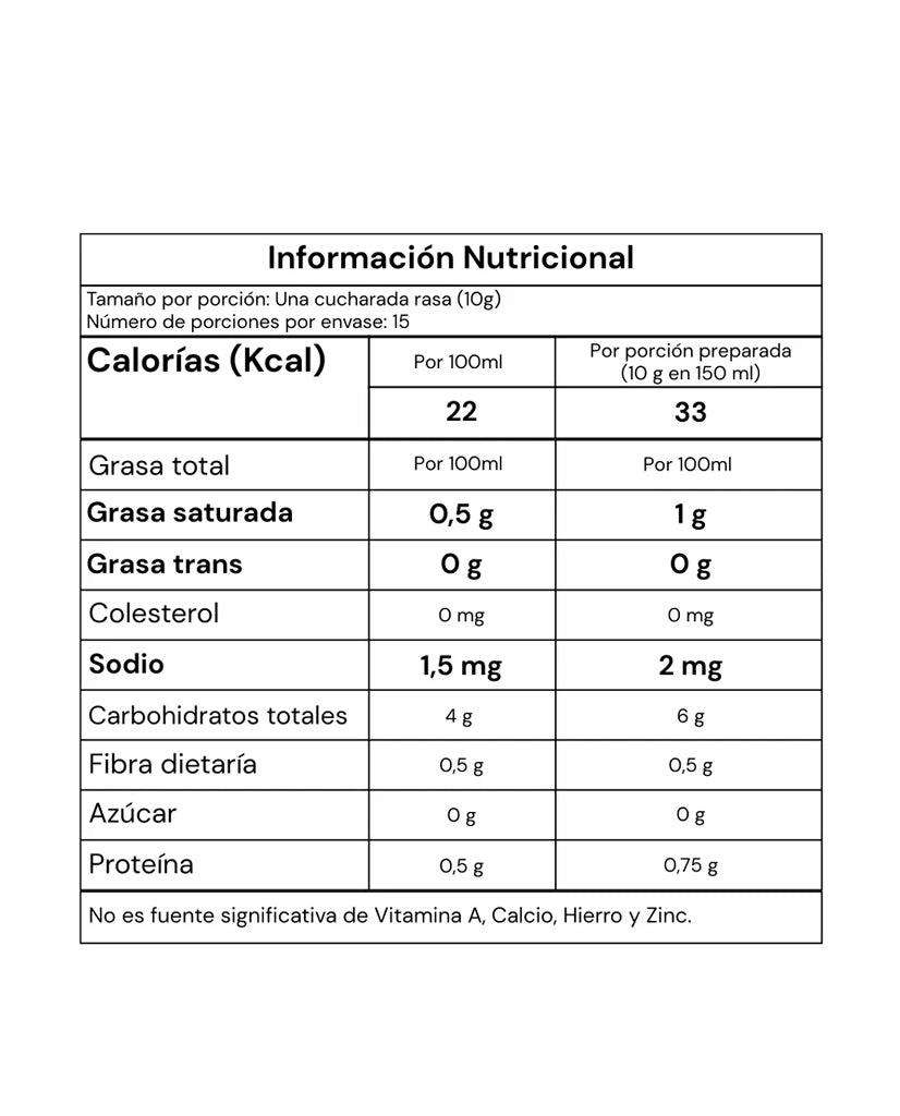 Información nutricional de la Leche Dorada Vital Setas con betaglucanos.