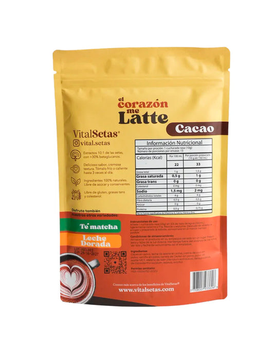 Bolsa de cacao funcional con betaglucanos y hongos para nutrición diaria.