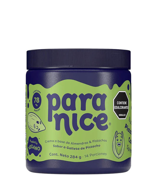 Frasco de crema de pistacho Paranice con trozos de galleta keto.