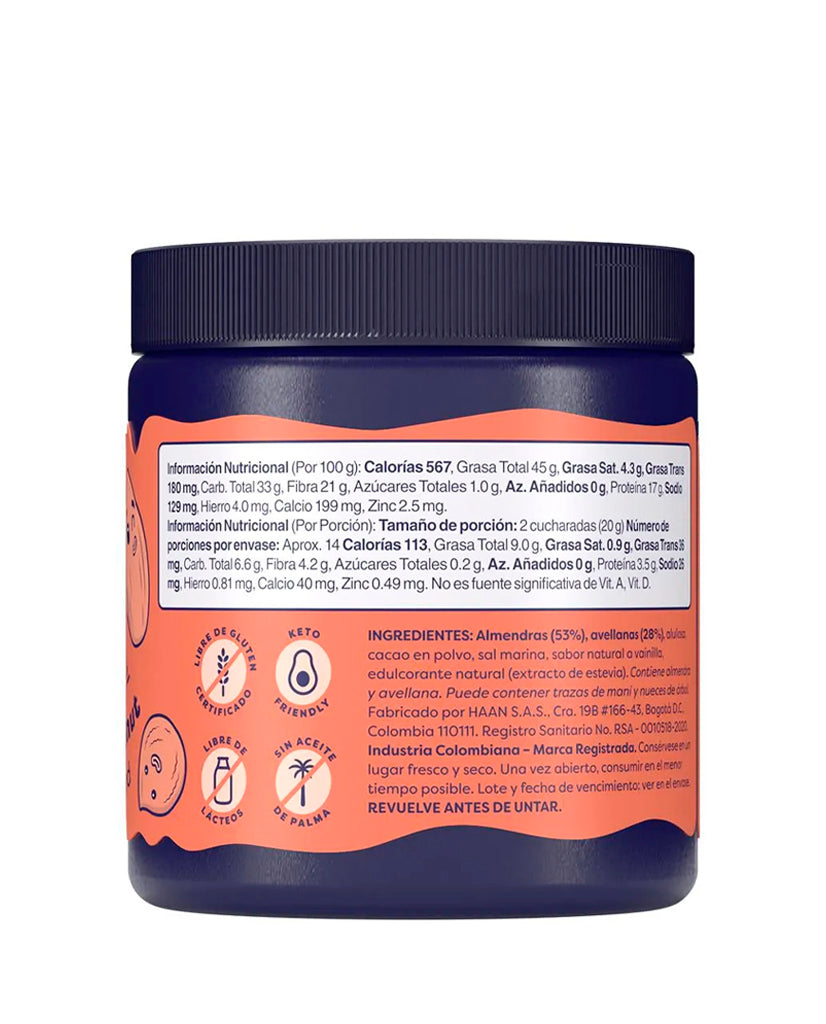 Etiqueta nutricional de la crema de cacao Paranice Crunchy sin azúcar.