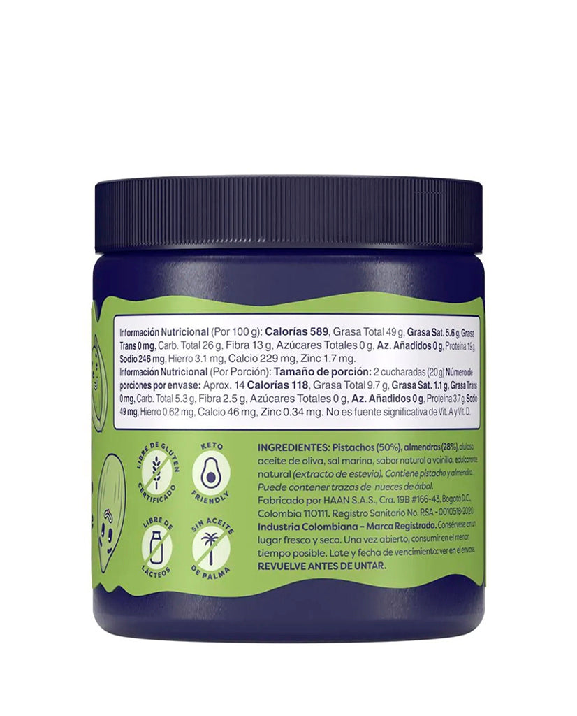 Información nutricional del esparcible de pistacho Paranice bajo en carbohidratos.