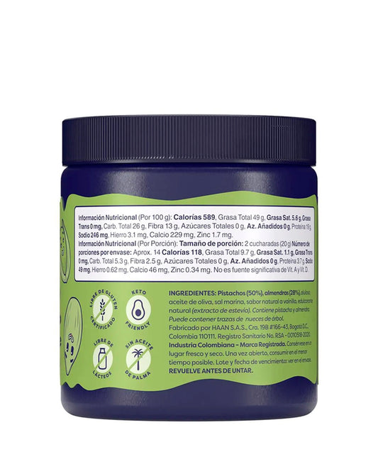 Información nutricional del esparcible de pistacho Paranice bajo en carbohidratos.