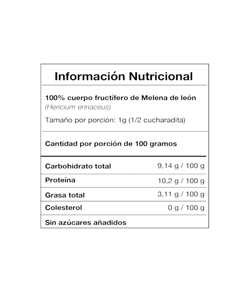 Información nutricional Extracto de Melena de León 60 gr