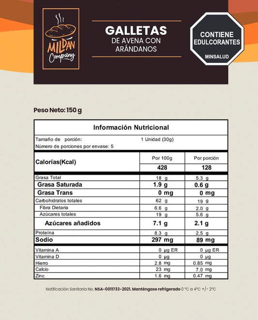 Galletas de avena con arándanos artesanal Mildan 150 gr Sin Gluten