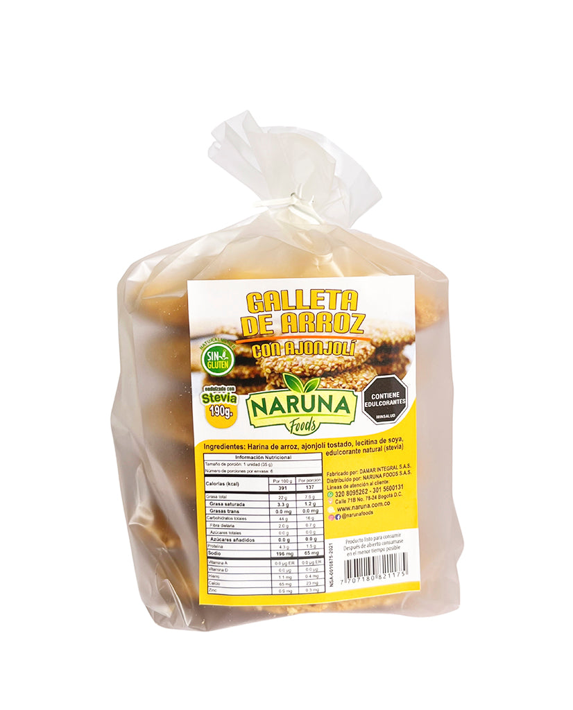 Galletas de arroz con ajonjolí Naruna 6 unds Sin Gluten