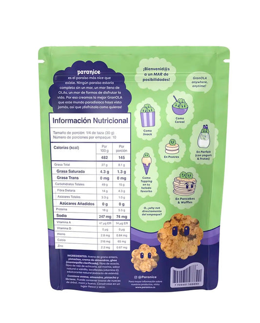 Información nutricional de la granola de pistacho Paranice sin azúcar.