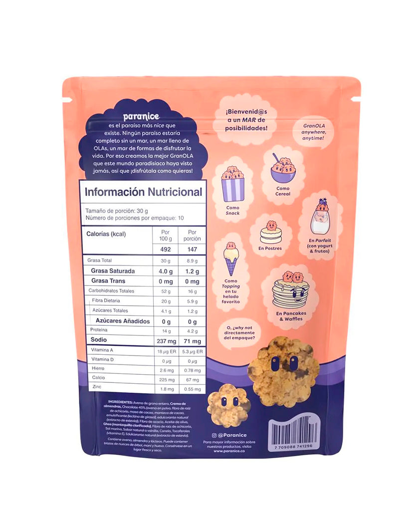 Información nutricional de la granola Chocolate Chip Paranice.
