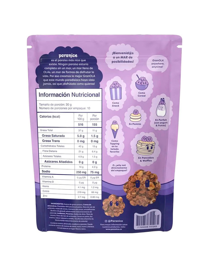 Análisis nutricional de la granola de cacao Paranice con fibra natural.