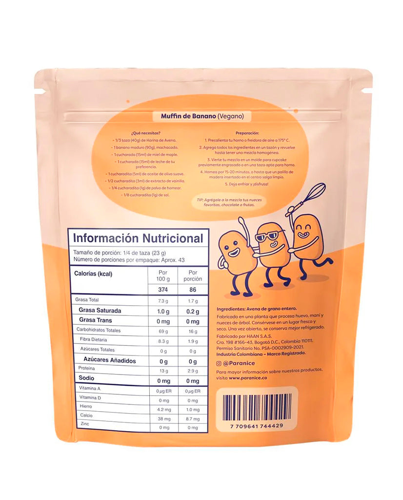 Etiqueta nutricional de la harina de avena Paranice sin azúcar añadida.