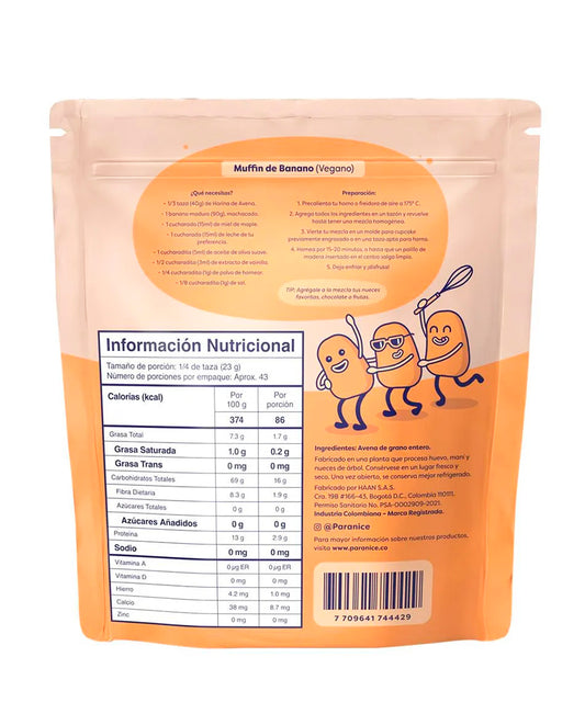 Etiqueta nutricional de la harina de avena Paranice sin azúcar añadida.