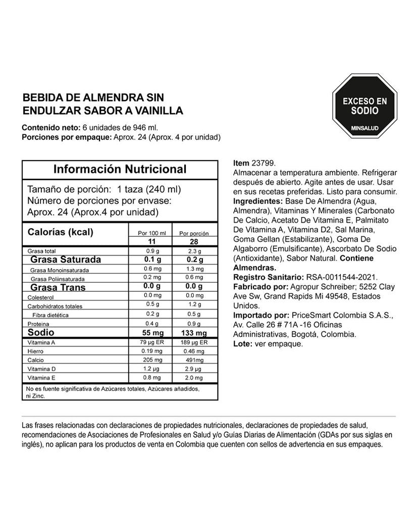 Leche almendra 30 calorías vainilla "Silk" 946 ml