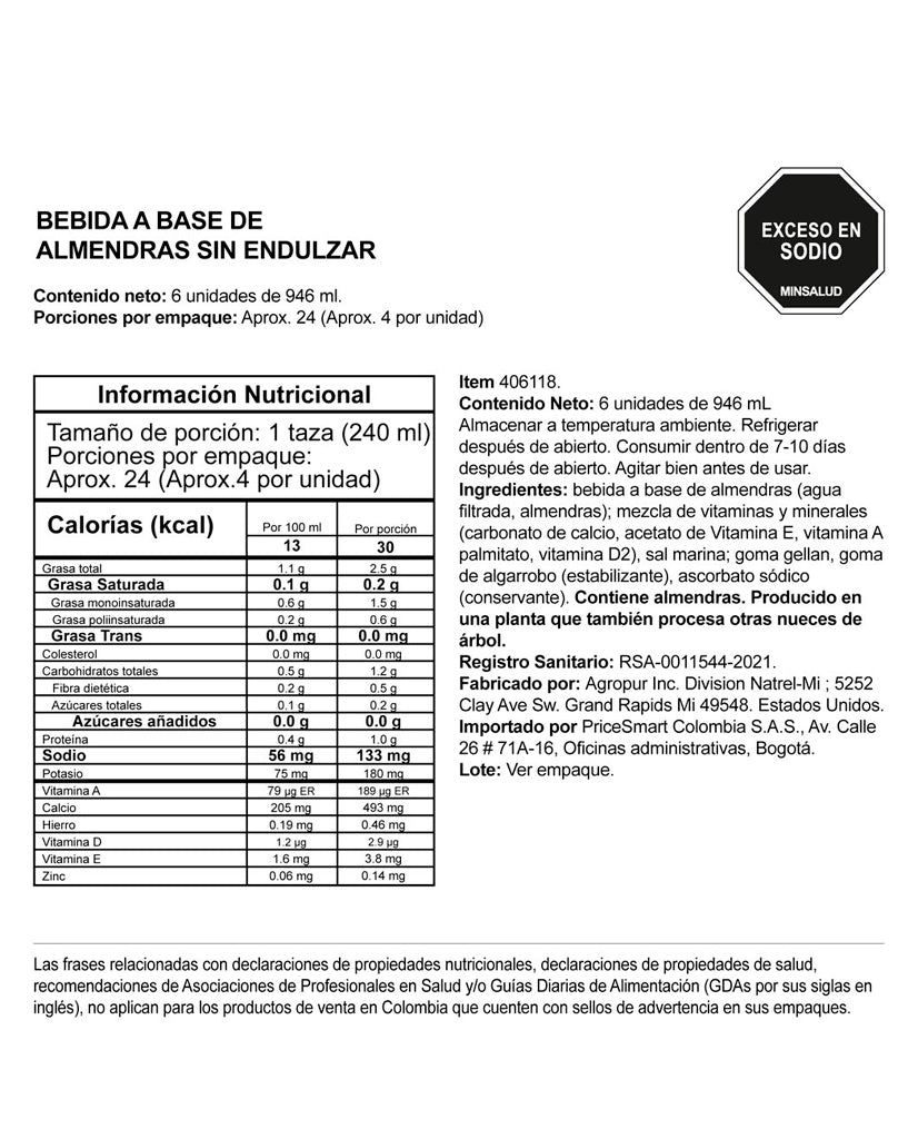 Leche de almendra 30 calorías "Silk" 946 ml