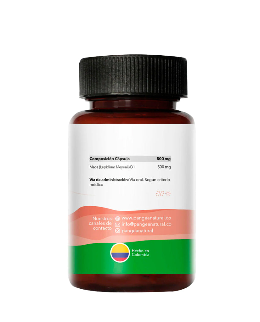 Cápsulas de Maca Pangea, suplemento funcional para aumentar la energía y vitalidad diaria.