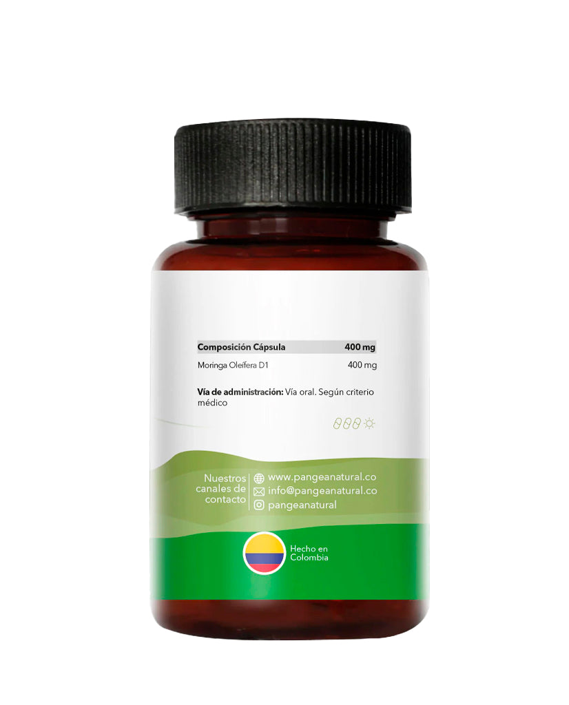 Moringa en cápsulas Pangea, superalimento natural en frasco para fortalecer el sistema inmune.