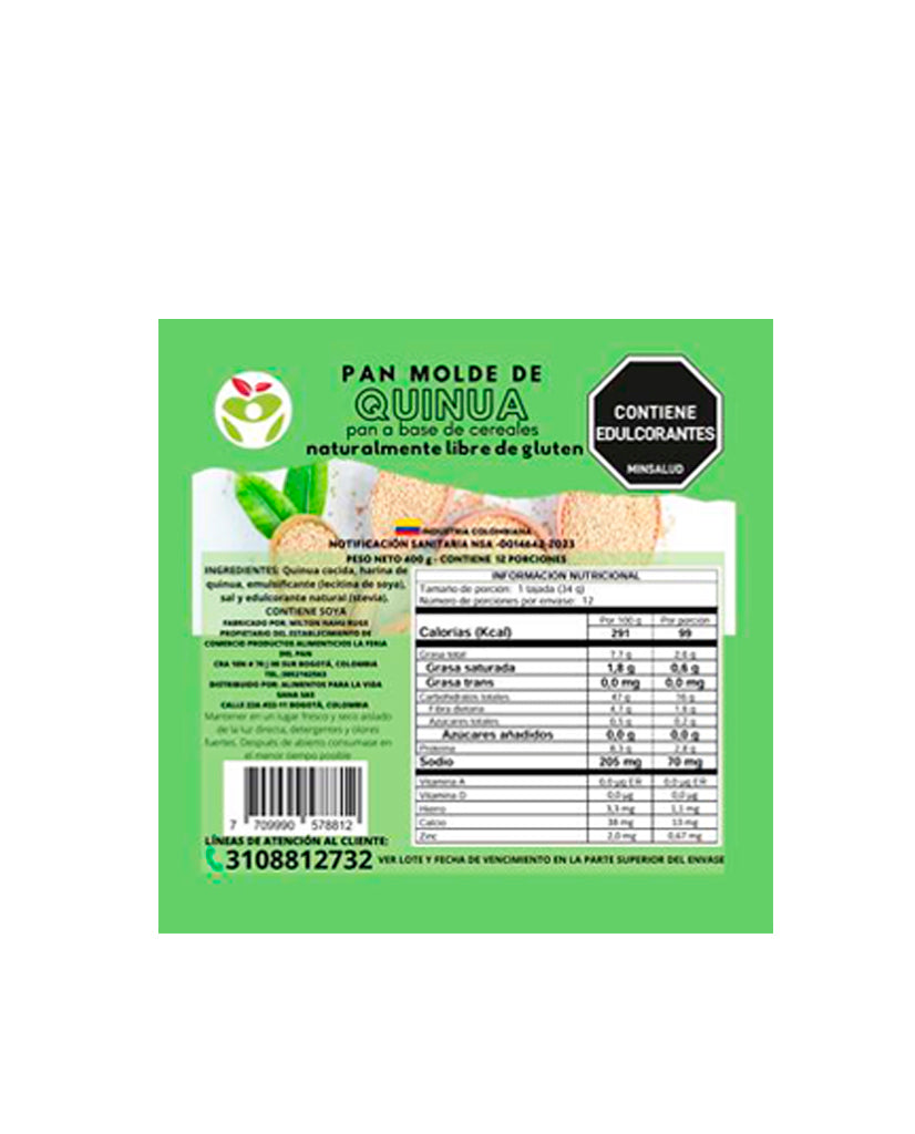 Pan de quinua tajado "De alimentos para la Vida" 400 gr Sin Gluten