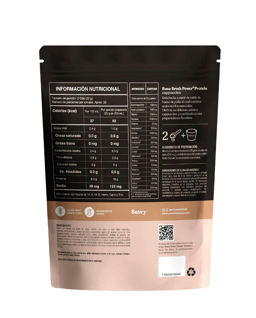Proteina bone broth power cappuccino Savvy 560 gr 1