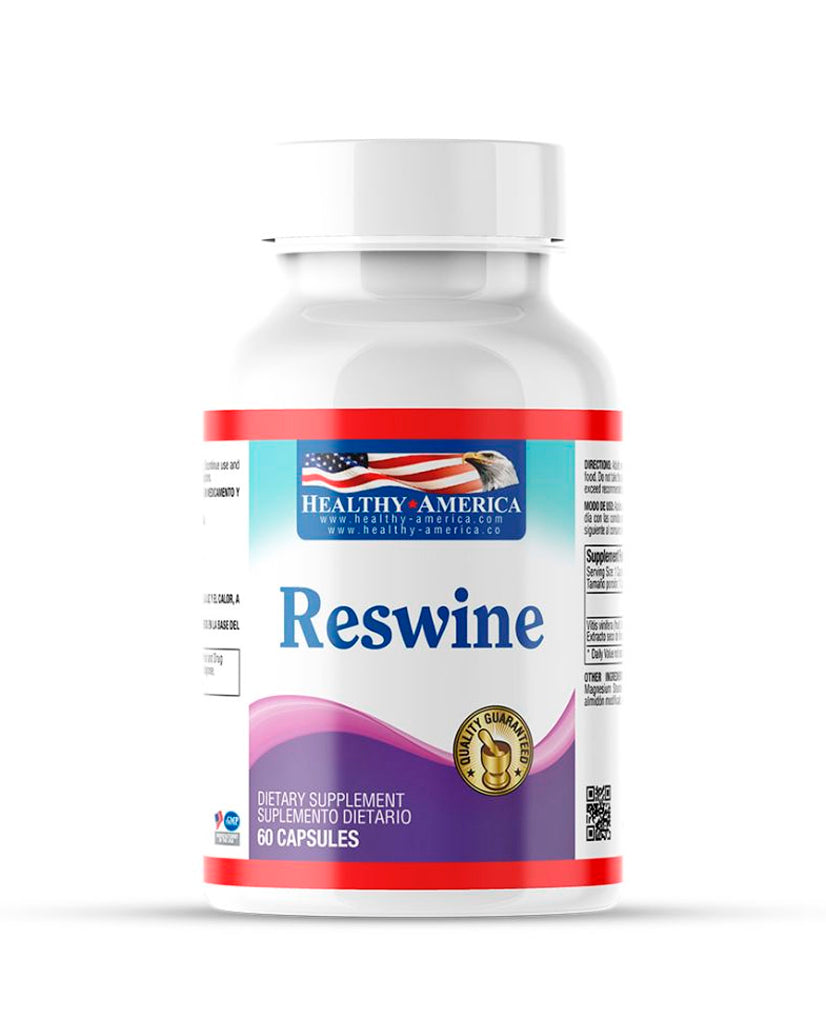 Suplemento Reswine Healthy America de 60 cápsulas antioxidantes.