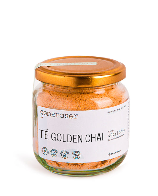 Frasco de Té Golden Chai Generaser con cúrcuma y especias doradas.
