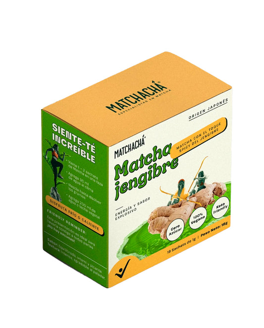 Empaque de té matcha con jengibre de Matchacha en presentación de caja por 20 sobres.
