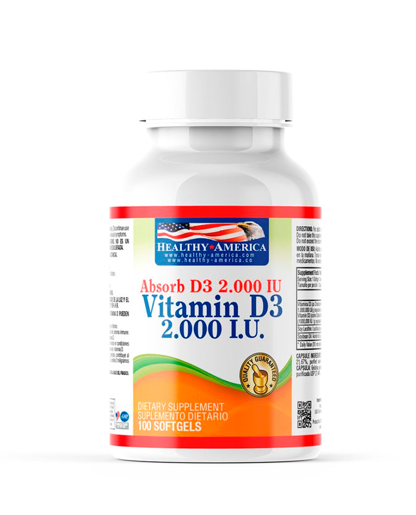Frasco de Vitamina D3 2000 UI Healthy America para soporte inmune.