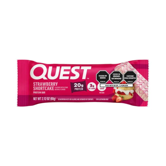 Barra de proteína Quest Strawberry Shortcake 60 g, con 20 g de proteína, bajo en carbohidratos y sin azúcares añadidos. Sabor fresco a pastel de fresa.